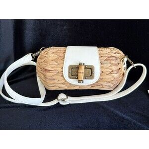 Sun N Sand White Leather& Natural Straw  Woven Crossbody Purse Bamboo Lock Read